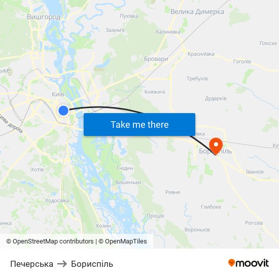 Печерська to Бориспіль map