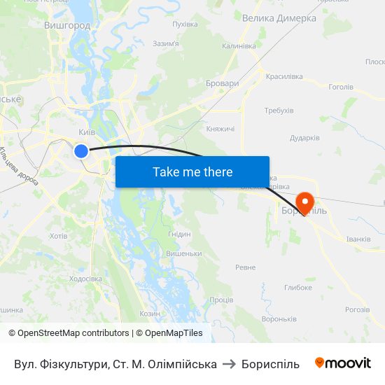 Вул. Фізкультури, Ст. М. Олімпійська to Бориспіль map