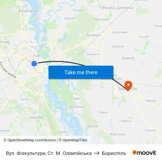 Вул. Фізкультури, Ст. М. Олімпійська to Бориспіль map