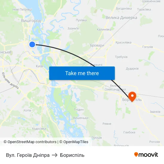 Вул. Героїв Дніпра to Бориспіль map