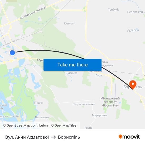 Вул. Анни Ахматової to Бориспіль map