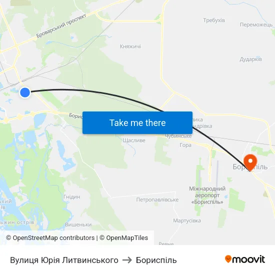 Вулиця Юрія Литвинського to Бориспіль map