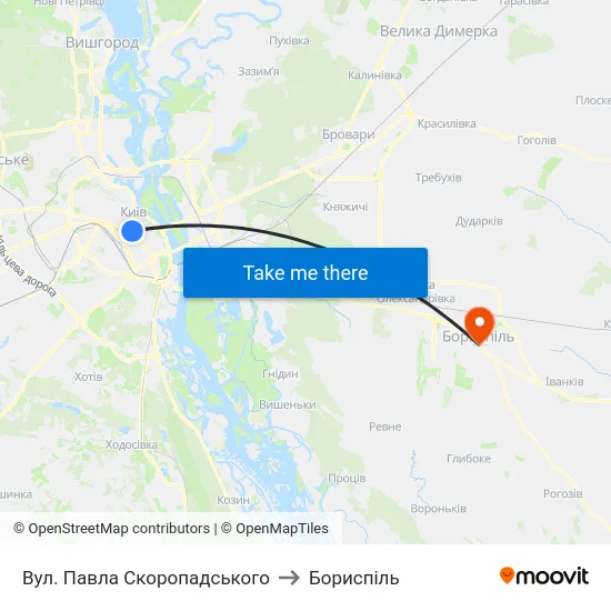 Вул. Павла Скоропадського to Бориспіль map