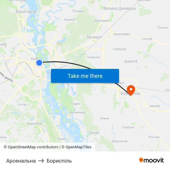 Арсенальна to Бориспіль map