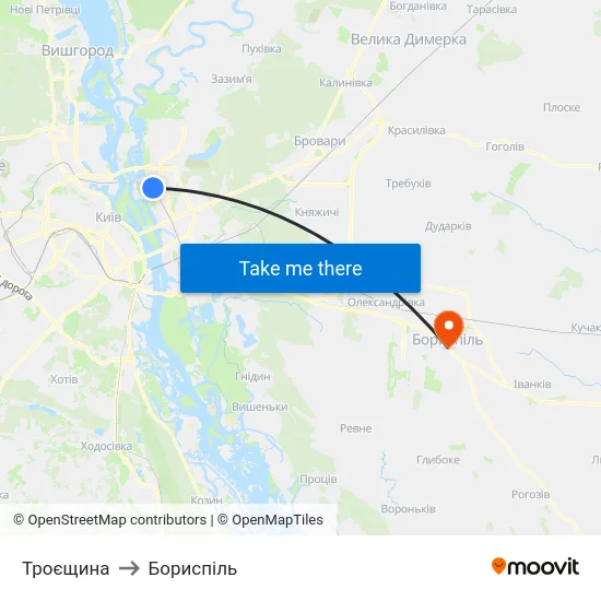 Троєщина to Бориспіль map