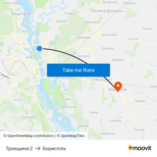 Троєщина-2 to Бориспіль map