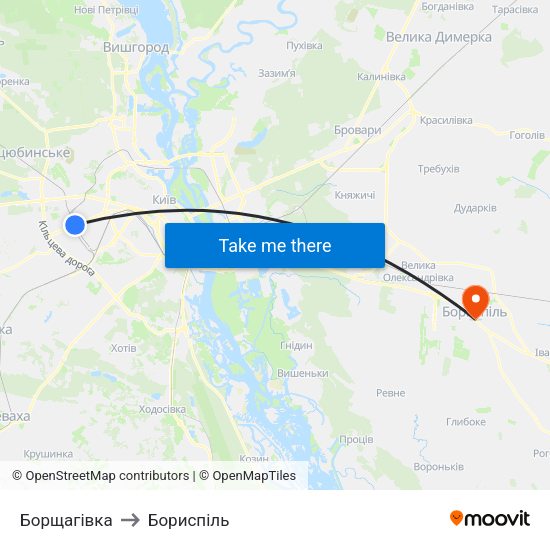 Борщагівка to Бориспіль map