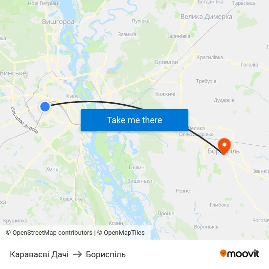 Караваєві Дачі to Бориспіль map