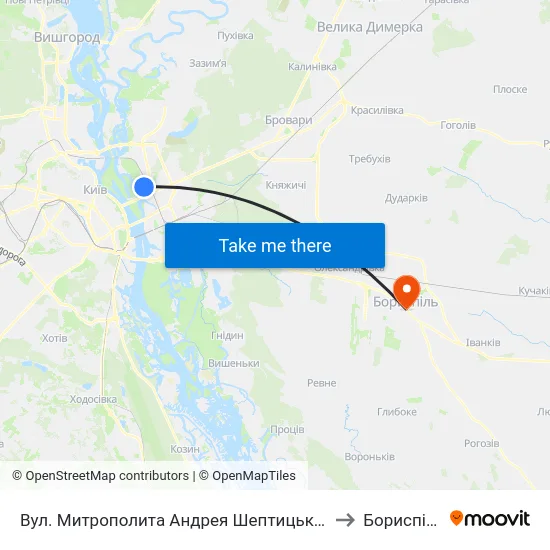 Вул. Митрополита Андрея Шептицького to Бориспіль map