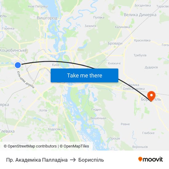 Пр. Академіка Палладіна to Бориспіль map