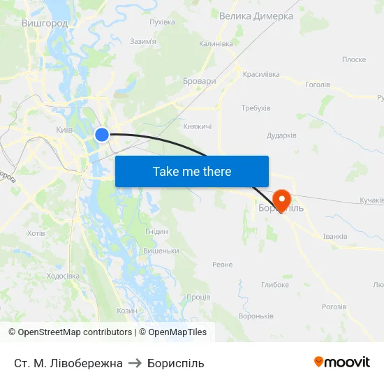 Ст. М. Лівобережна to Бориспіль map