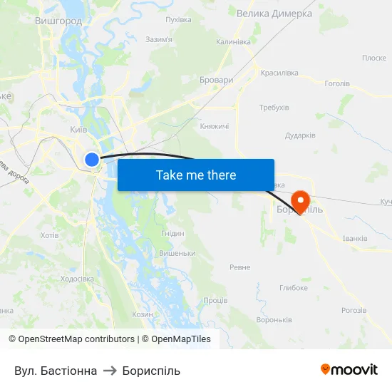 Вул. Бастіонна to Бориспіль map