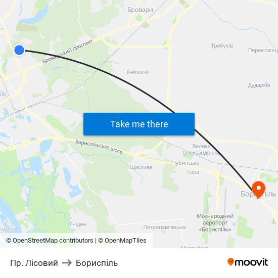 Пр. Лісовий to Бориспіль map