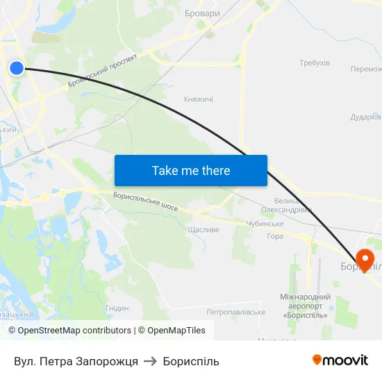 Вул. Петра Запорожця to Бориспіль map