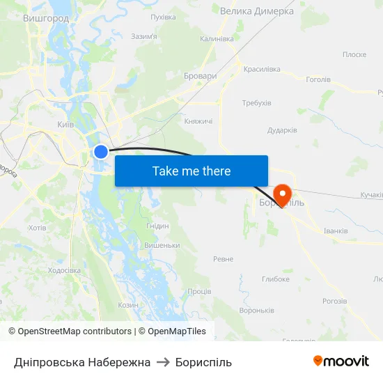 Дніпровська Набережна to Бориспіль map