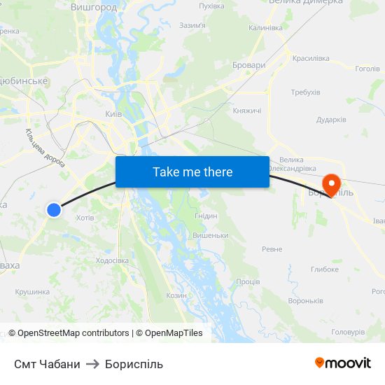 Смт Чабани to Бориспіль map