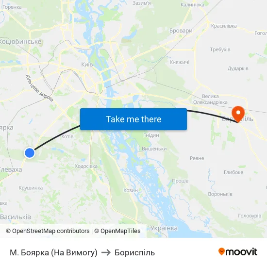 М. Боярка (На Вимогу) to Бориспіль map