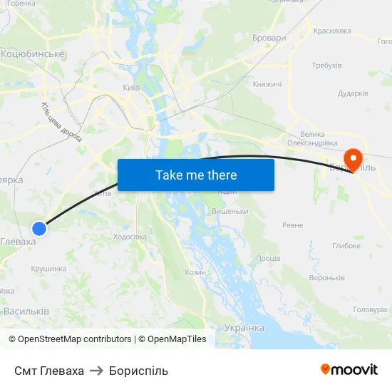 Смт Глеваха to Бориспіль map