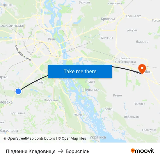 Південне Кладовище to Бориспіль map