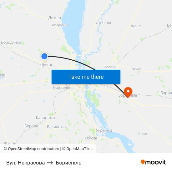 Вул. Некрасова to Бориспіль map