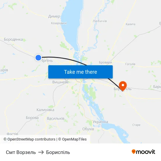 Смт Ворзель to Бориспіль map