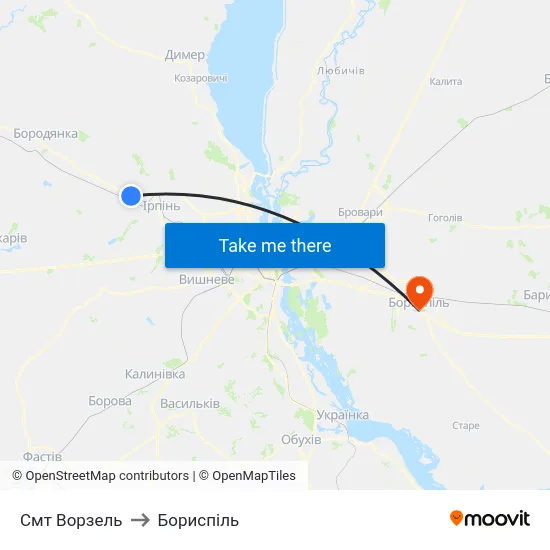 Смт Ворзель to Бориспіль map