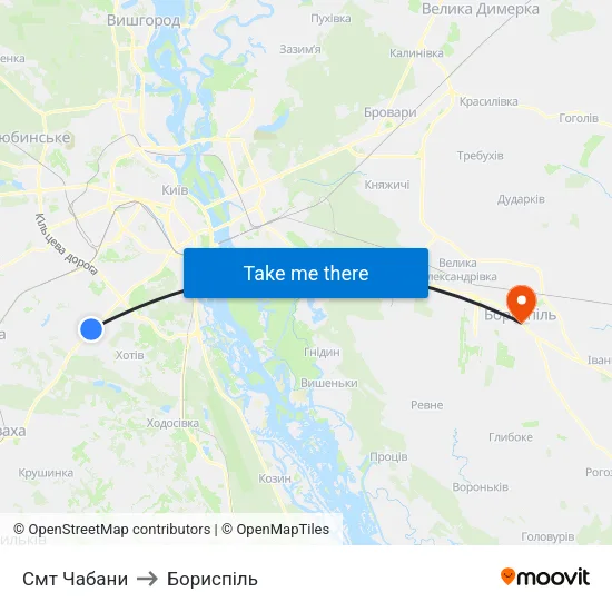 Смт Чабани to Бориспіль map
