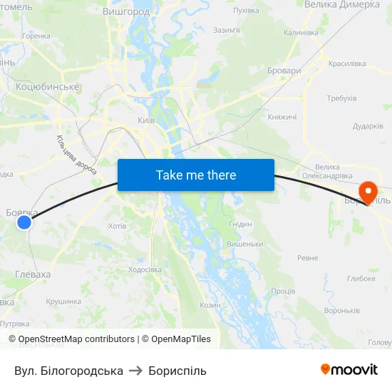 Вул. Білогородська to Бориспіль map