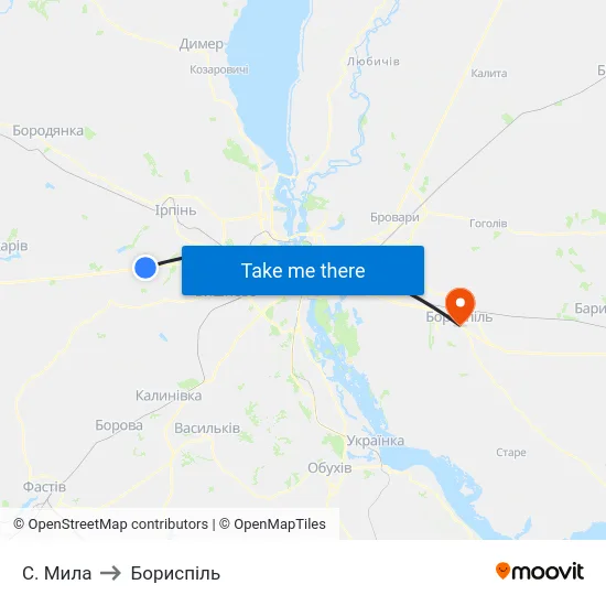 С. Мила to Бориспіль map
