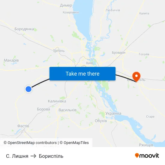 С. Лишня to Бориспіль map