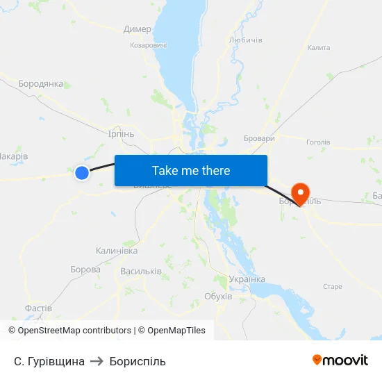 С. Гурівщина to Бориспіль map
