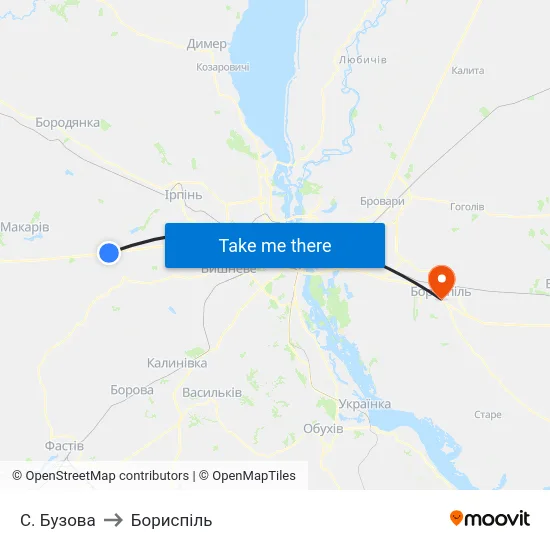 С. Бузова to Бориспіль map