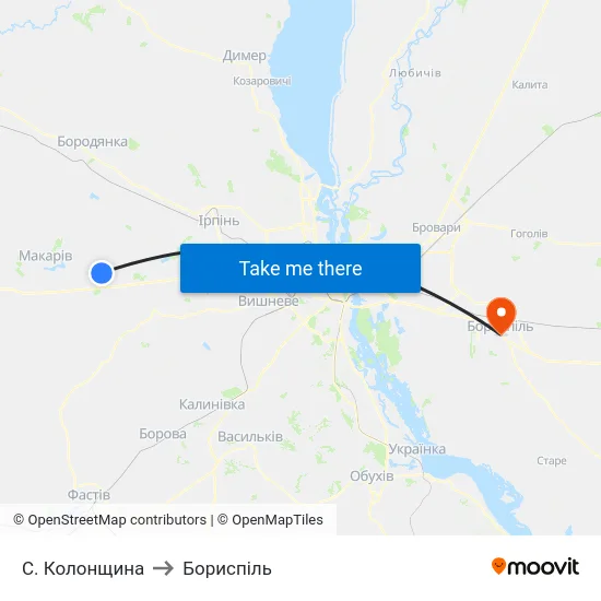 С. Колонщина to Бориспіль map