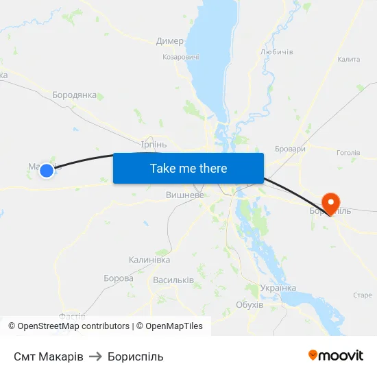 Смт Макарів to Бориспіль map