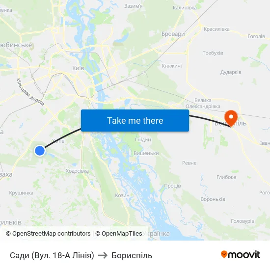 Сади (Вул. 18-А Лінія) to Бориспіль map