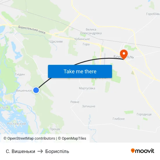 С. Вишеньки to Бориспіль map