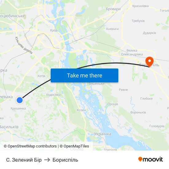С. Зелений Бір to Бориспіль map