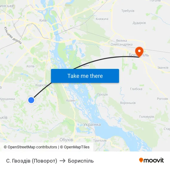С. Гвоздів (Поворот) to Бориспіль map