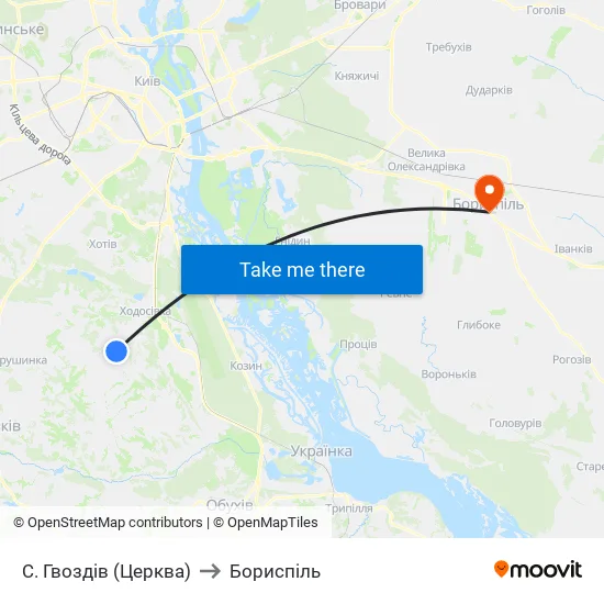 С. Гвоздів (Церква) to Бориспіль map