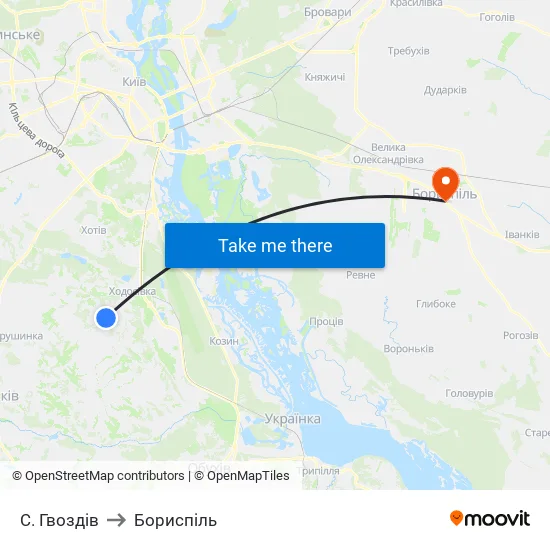 С. Гвоздів to Бориспіль map
