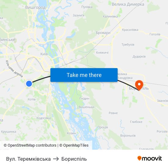 Вул. Теремківська to Бориспіль map