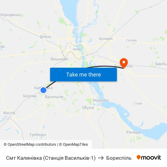 Смт Калинівка (Станція Васильків-1) to Бориспіль map