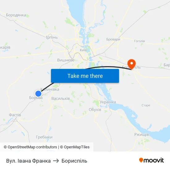 Вул. Івана Франка to Бориспіль map