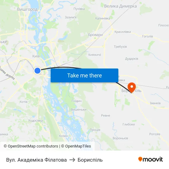 Вул. Академіка Філатова to Бориспіль map