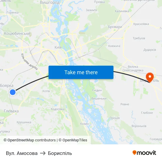Вул. Амосова to Бориспіль map
