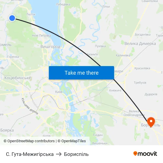 С. Гута-Межигірська to Бориспіль map