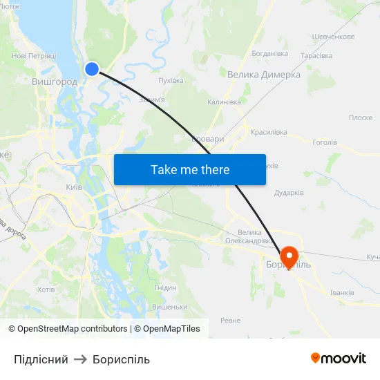 Пiдлісний to Бориспіль map