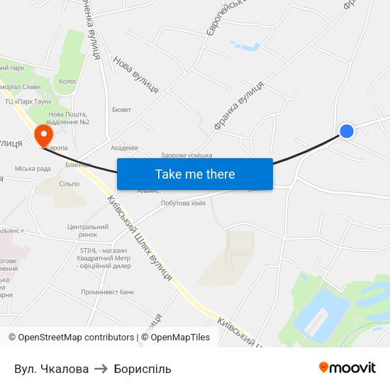 Вул. Чкалова to Бориспіль map