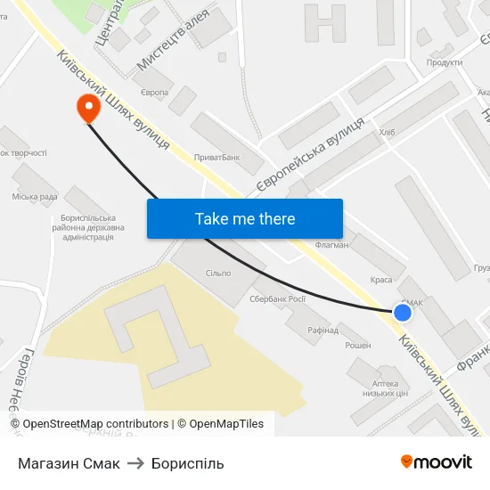 Магазин Смак to Бориспіль map