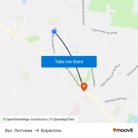 Вул. Лютнева to Бориспіль map